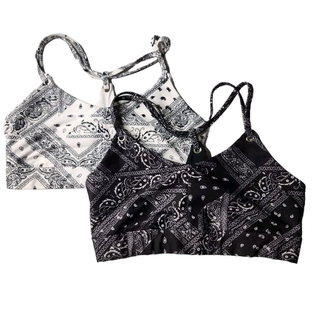 Marika Black and White Sports Bra Lot of 2 Size M- L Bandana Patterned Strappy
